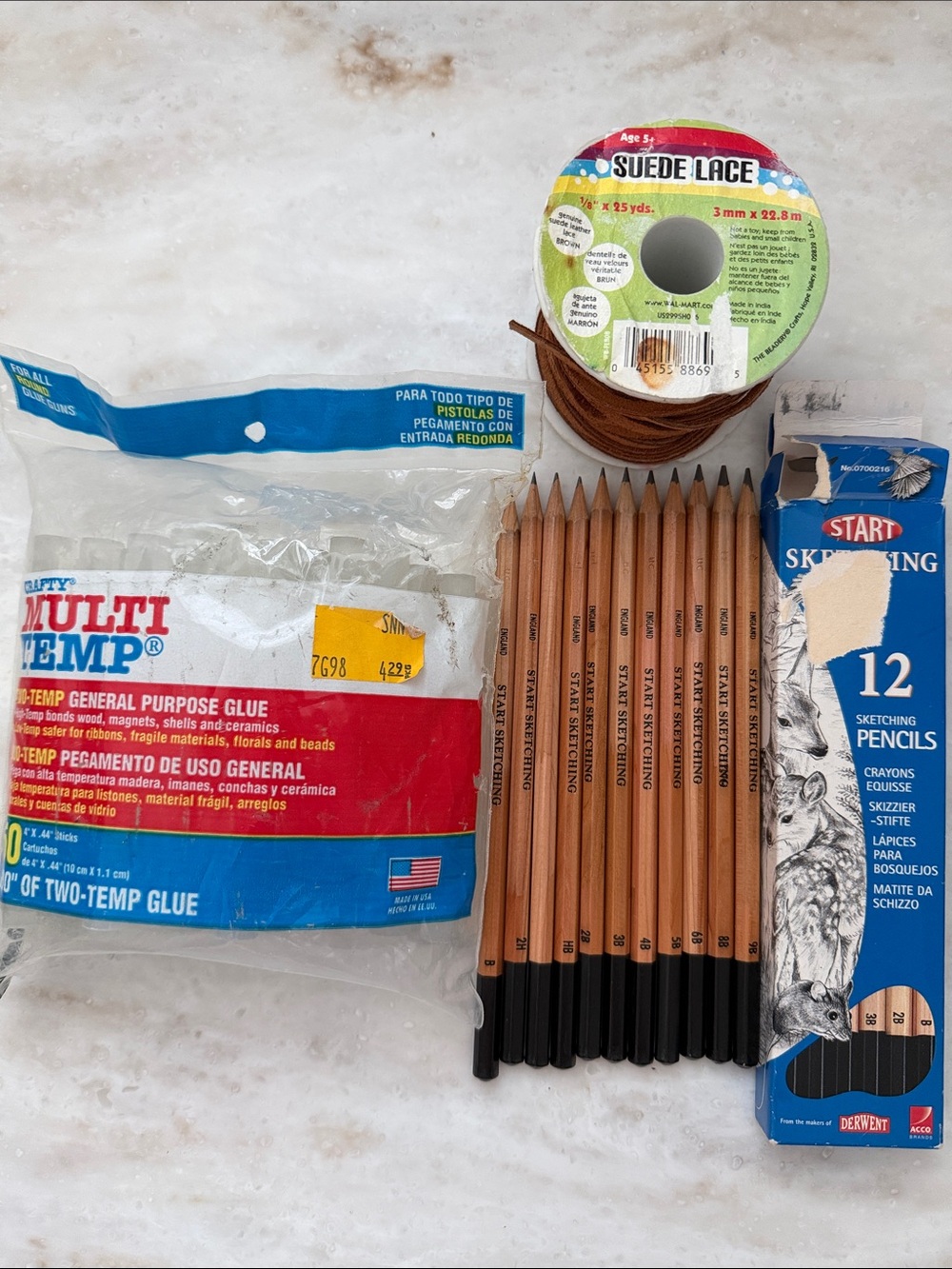 Vintage English sketching pencils , suede lace & glue sticks